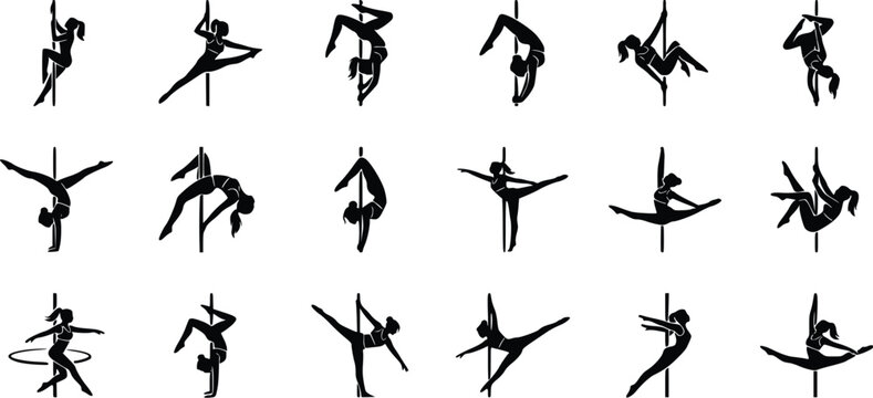 pole dancing women in various poses on black silhouette