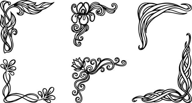 Botanical corner flourishes and ornamental frame elements in hand drawn illustration set