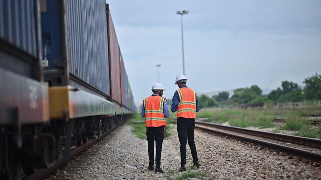 Portrait engineer under inspection and checking construction process railway switch and checking work on railroad station .Engineer wearing safety uniform and safety helmet in work.	