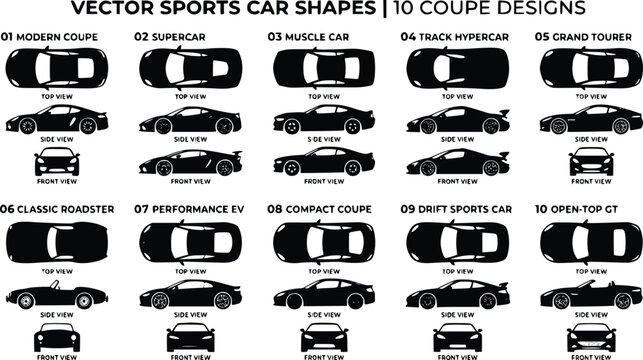 Sports car shapes and designs in vector format for graphic projects