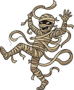 A cartoon mummy character dancing with bandages flying in the air.