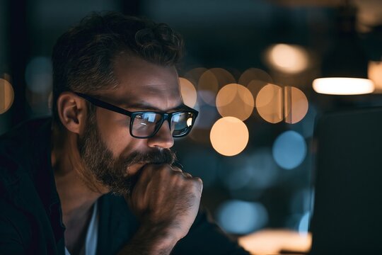 Focused bearded man wearing glasses working late at night with laptop in a dark office