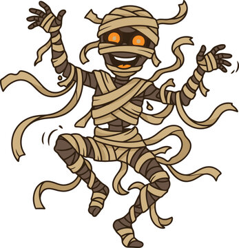 A cartoon mummy character dancing with glowing orange eyes and loose bandages.
