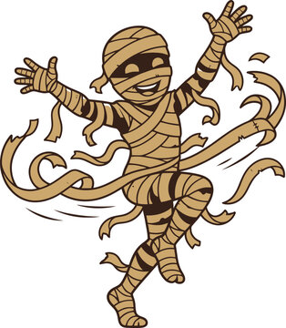 A cheerful cartoon mummy character wrapped in bandages dancing with joy.