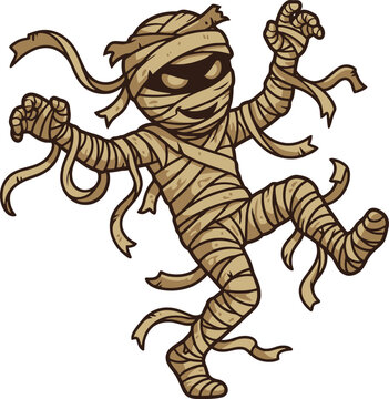 A cartoon mummy character wrapped in bandages dancing playfully.