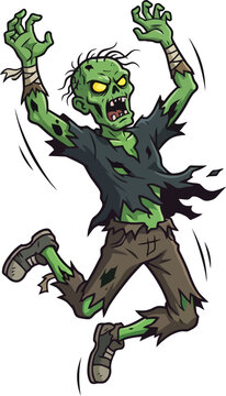 Cartoon illustration of a green zombie jumping with arms raised.