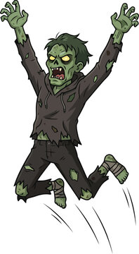 Cartoon illustration of a jumping green zombie character with glowing eyes.