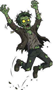 Cartoon illustration of a jumping zombie with glowing yellow eyes.