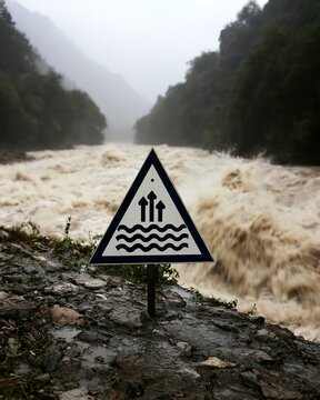 Rising water warning sign faces a powerful flooded mountain river during heavy rain, illustrating El Nino weather extremes, flood risk and emergency preparedness