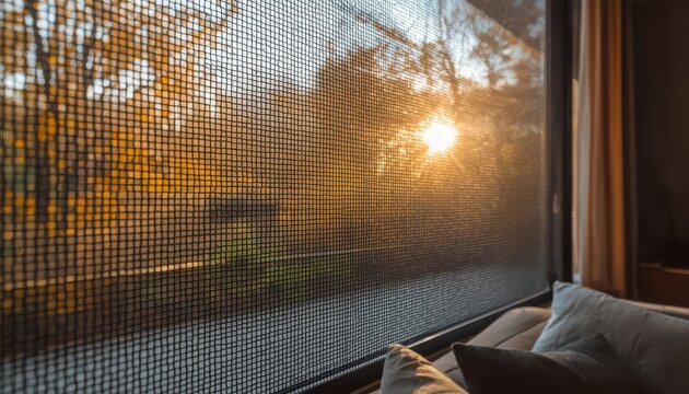 Window screen mesh with sunset view in living room interior
