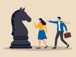 Business strategy and planning concept with professionals facing a giant chess knight piece illustration © Bujiku