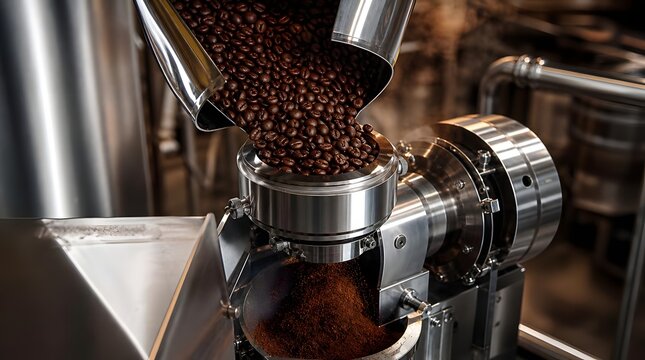 Roasted Coffee Beans Entering an Industrial Grinder