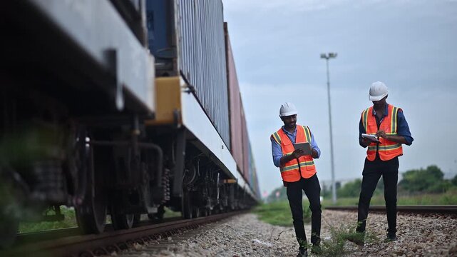 Portrait engineer under inspection and checking construction process railway switch and checking work on railroad station .Engineer wearing safety uniform and safety helmet in work.	