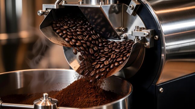 Roasted Coffee Beans Flowing Into Industrial Grinder