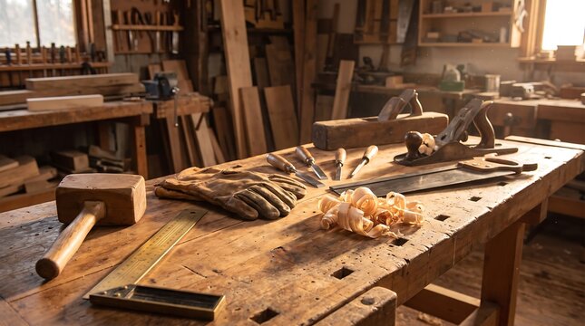 Traditional woodworking workbench with tools in a sunlit workshop.