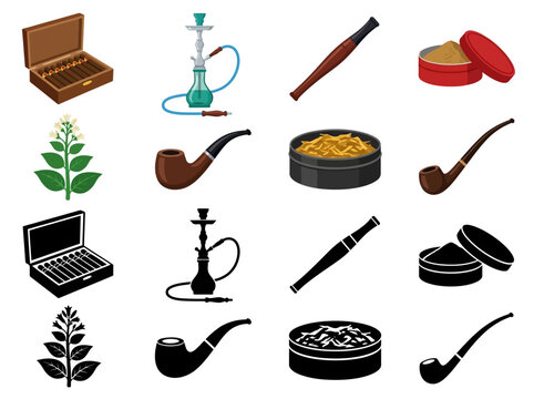 Tobacco and Smoking Icon Set with Pipes Cigars and Hookah