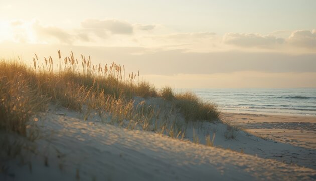 Serene sunrise over sand dunes and calm ocean waves with tall grass swaying in the gentle morning breeze