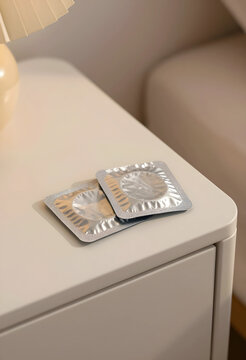 Safe sex and contraception, two condom packets on a bedside table for reproductive health, family planning and disease prevention in a modern bedroom