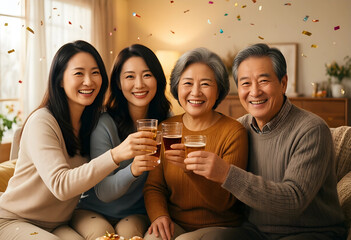 Naklejka premium Family celebration and togetherness, happy multi-generational Asian family toasting with drinks at home during a festive holiday gathering with confetti