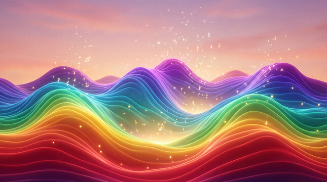 Surreal Sound Wave Mountains Glowing with Rainbow Spectrum Colors and Golden Light Valleys
