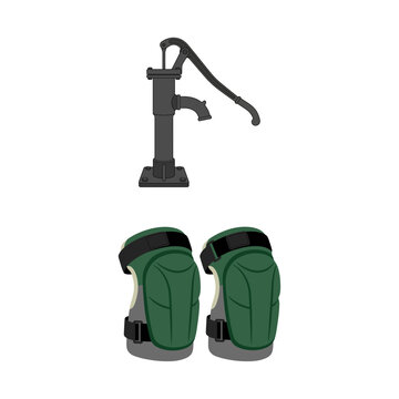Hand Operated Water Pump and Pair of Protective Sports Knee Pads for Outdoor Safety