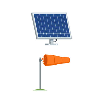 Solar Panel and Wind Direction Indicator Icon Set for Renewable Energy and Weather Monitoring
