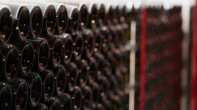 Rows of wine bottles maturing inside modern winery storage facility.