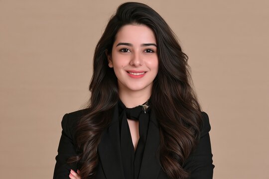 Confident young businesswoman smiling with long dark hair and wearing black blazer outfit