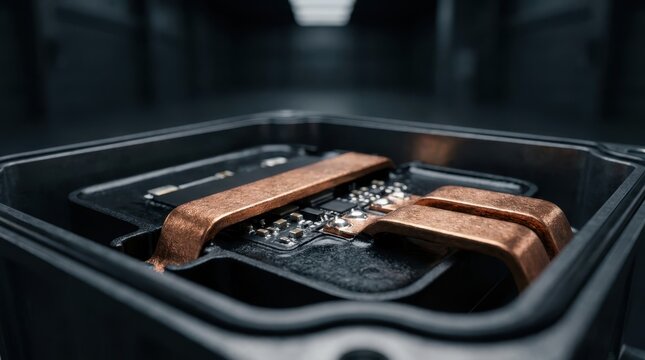 Closeup of an electric vehicle inverter power module with copper busbars, black encapsulation, and solder joints inside an automotive electronics assembly.