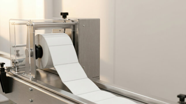 Automated label printer with paper roll supports AI logistics network operations in clean industrial facility