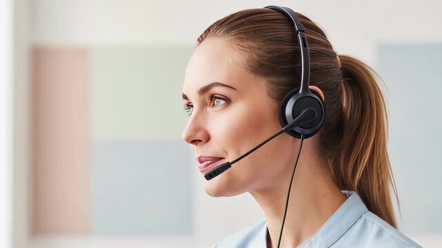 Professional woman wearing a headset listening attentively and nodding. Customer service agent or online teacher in a virtual meeting