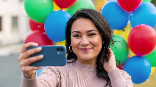 Smiling young woman taking a selfie with a smartphone. Happy female posing for a photo with colorful birthday balloons in the background. Social media concept