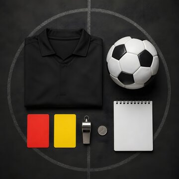 sports football referee equipment cards whistle notebook and ball