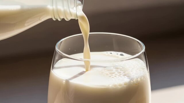 Pouring fresh milk from a bottle into a clear glass. Creamy white liquid flowing and creating bubbles in bright sunlight. Healthy breakfast beverage