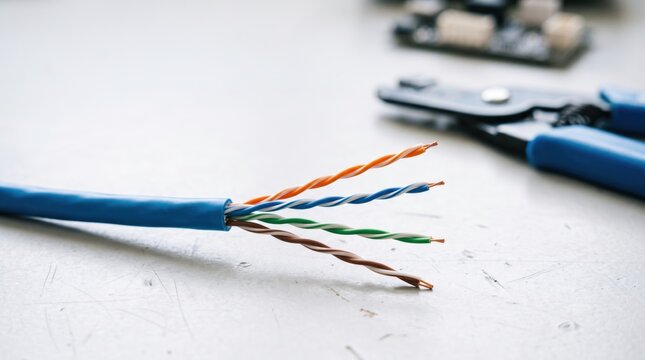 Ethernet cable with cat6 twisted pair wires and crimping tools on workspace. Ethernet cable features neatly arranged twisted pairs: orange, green, and blue.
