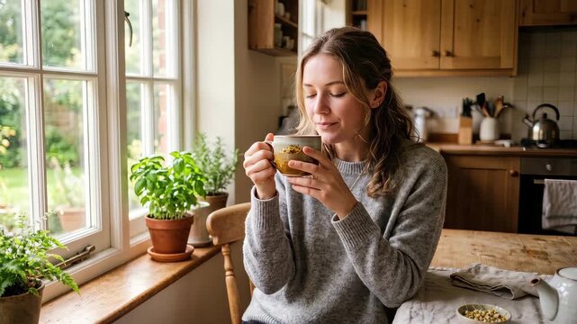 Woman drinking hot chamomile tea from a mug by a kitchen window. Female taking a sip of a steaming beverage at a wooden table. Cozy domestic lifestyle and morning routine concept