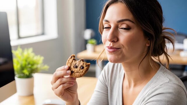 Close-up of a woman taking a bite of a chocolate chip cookie. Smiling female eating a sweet baked snack during a break in a modern home office. Casual lifestyle and food craving concept