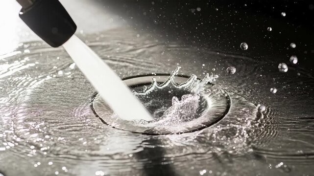 Strong stream of water splashing into a metal drain. Dynamic droplets and circular ripples on a dark textured surface. High contrast macro shot