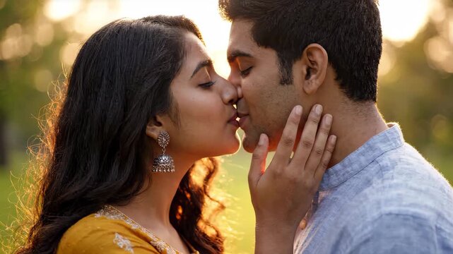 Sweet first kiss of a young Indian couple outdoors. Romantic partners sharing a tender moment at sunset