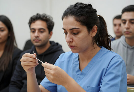 Medical training and clinical education, healthcare student practicing surgical skills with a scalpel in a classroom setting with diverse peers