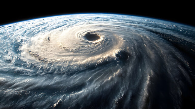 Massive powerful hurricane cyclone vortex eye storm viewed from upper earth space satellite dynamic view