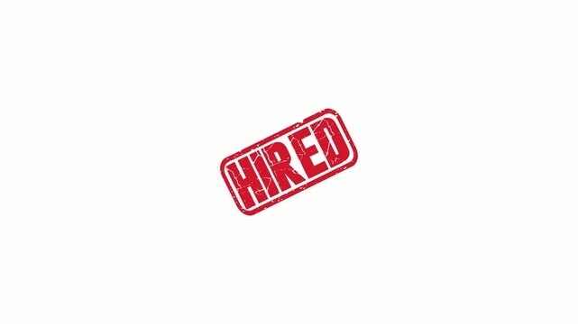 Red Hired Rubber Stamp Impression Animated on White Background for Recruitment and Employment Concepts