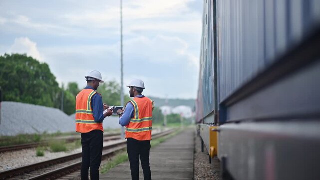 Portrait engineer under inspection and checking construction process railway switch and checking work on railroad station .Engineer wearing safety uniform and safety helmet in work.	