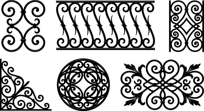Ornamental black scrollwork borders corner decorations and circular motifs in bold outline vector illustration set