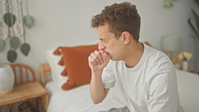 Young man sitting on bed coughing into his fist with a pained expression inside a building room, hand near mouth, white tee visible; sickness recovery.