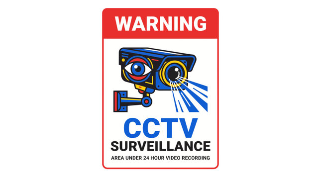 Warning cctv surveillance sign featuring a modern digital vector illustration of a security camera with an artistic eyeball graphic design element for professional property monitoring and effective