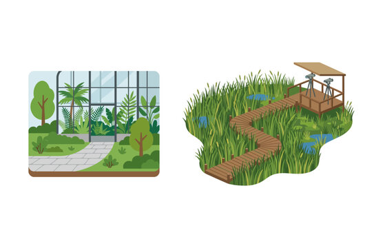 Set of Botanical Greenhouse and Wooden Nature Observation Platform Illustrations