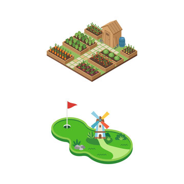 Isometric Vector Illustrations of a Vegetable Garden Plot and a Miniature Golf Course Layout