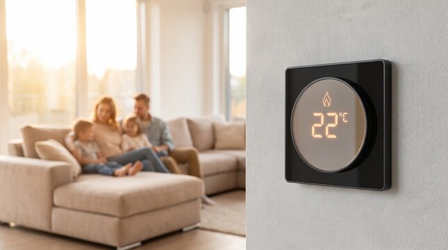 Smart home thermostat helps to save on utility bills in cozy house with family.