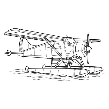 Seaplane on water, line art illustration